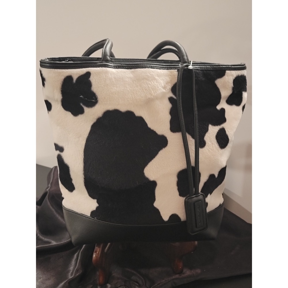 Bueno Cow Print Faux Fur Tote Bag Black White‎ Western Shoulder Bag Organizer